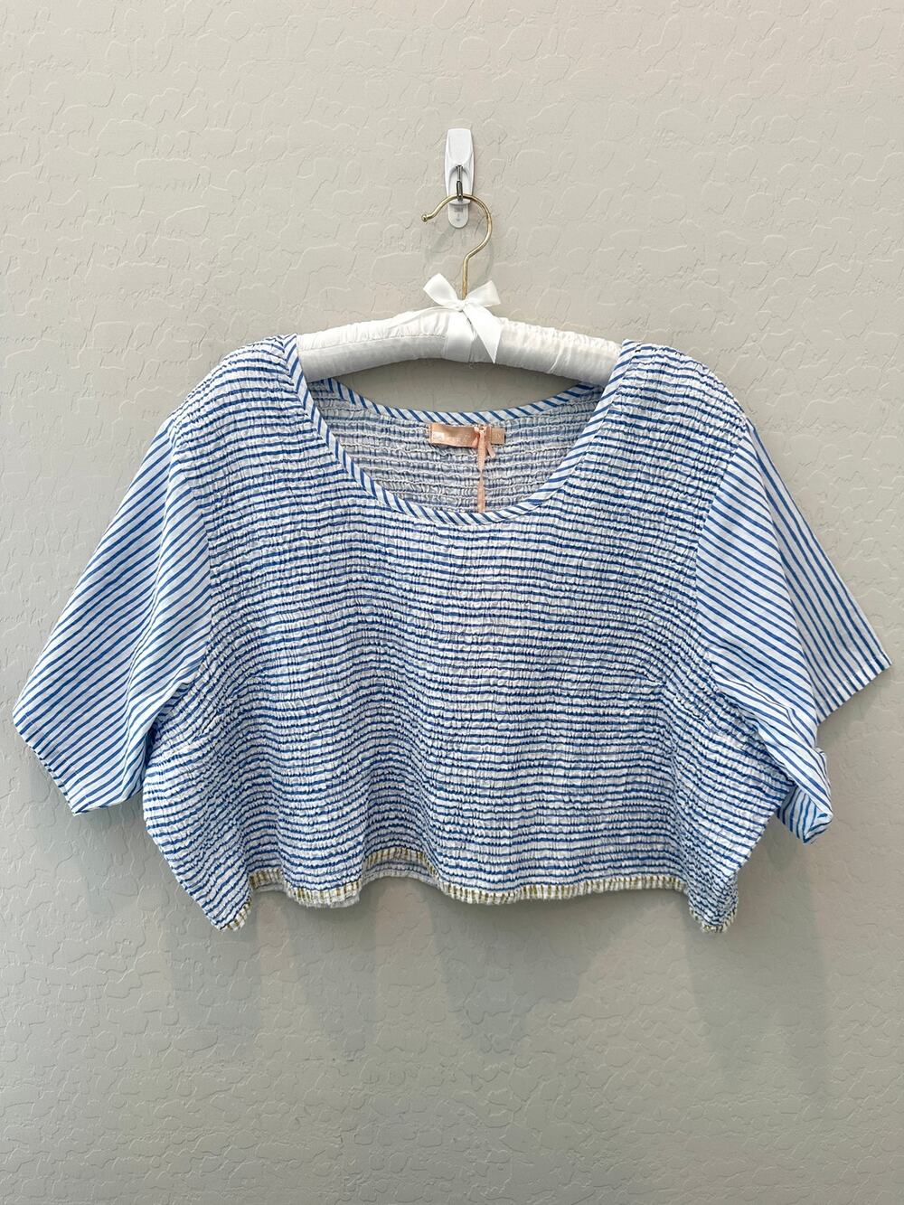 LA CERA Blue White Striped Smocked Cotton Top 3X Plus Size Cottagecore NWT